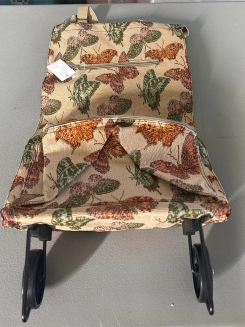 Butterfly Print Travel Trolley Bag in Beige with Green & Brown Accents